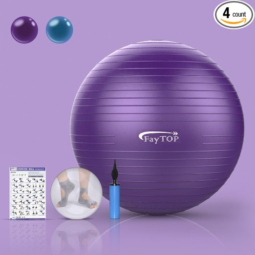 65cm Exercise Ball Stability Ball FayTOP Yoga Pilate Fitness Balance Ball Anti-Slip and Anti-Burst 2200lbs Extra Thick Exercise Equipment Yoga Socks & Workout Guide & Quick Pump Included (Purple)