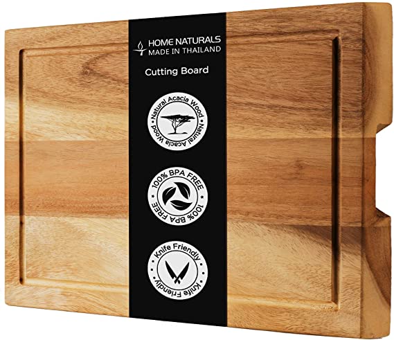 Home Naturals Cutting Board - Acacia Wood Chopping, Cheese, Charcuterie Block with Side Handle - Hard & Thick Wooden Food Prep & Serving Tray - Perfect Gift for Chefs & Cooks - 18.9" x 12.8"