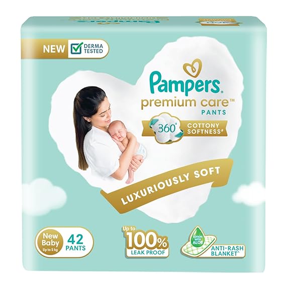 Pampers Premium Care Pants, New Born/Extra Small (NB/XS) Size, 42 Count, Pant Style Baby Diapers, All-in-1 Diapers with 360 Cottony Softness, Up to 5kg Diapers