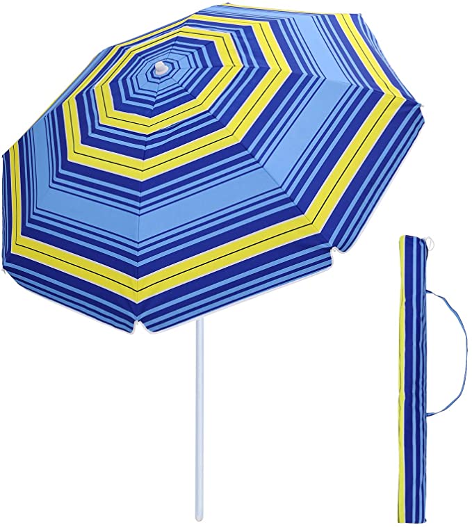 SONGMICS 7 ft Patio Umbrella with Fiberglass Ribs, Beach Umbrella, Heavy Duty Outdoor Sports Umbrella, Sun Shade with Tilt Mechanism, Carry Bag Blue and Yellow Stripes UGPU07UYV1
