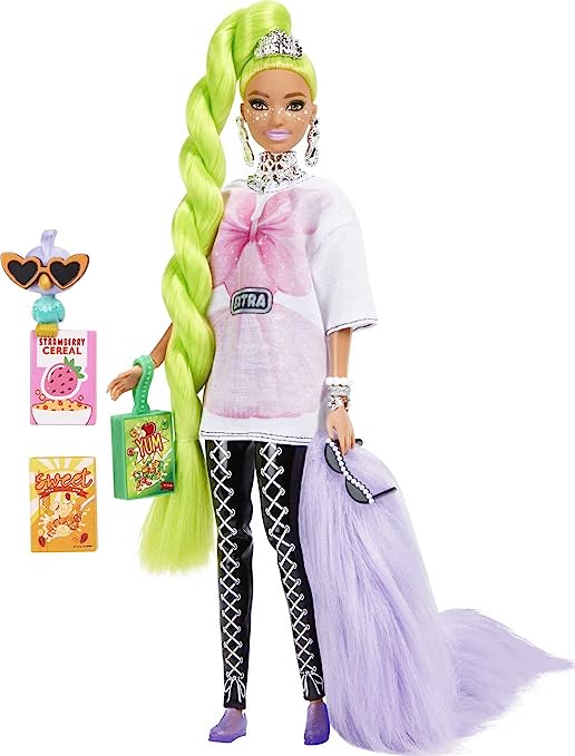 Barbie Extra Doll and Barbie Accessories with Neon Green Hair, Feather Boa and Pet Parrot