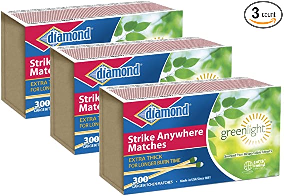 Diamond GreenLightTM Kitchen Matches - 3 Pack - 300 Matches per Pack x 3 = 900 Match (Strike anywhere)