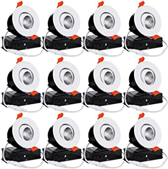 TORCHSTAR 12-Pack 3 Inch Gimbal LED Dimmable Recessed Light with J-Box, 7W (50W Eqv.) 500lm, Airtight, ETL/Energy Star/JA8/Title 24, CRI 90 , 4000K Cool White, 5 Years Warranty, White