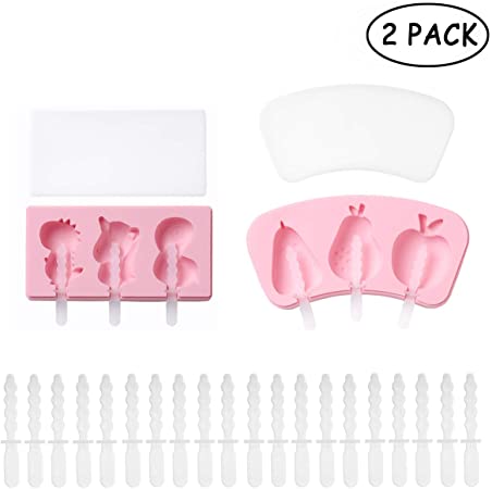 HENGYI Popsicle Molds,2 Pack Silicone Ice Pop Molds 3 Cavities,Homemade Ice Cream Mold Unicorn and Fruits with 10 Plastic Rods for DIY Ice Cream (2 PACK, Unicorn and Fruit)