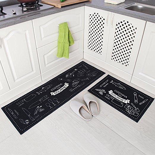 Carvapet 2 Piece Non-Slip Kitchen Mat Rubber Backing Doormat Runner Rug Set, Cozinha Design (Black 15"x47" 15"x23")
