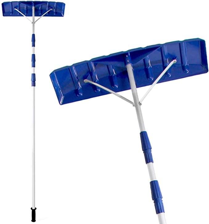 Ohuhu 21 FT Adjustable Telescoping Snow Roof Rake, Twist-N-Lock Snow Rake for Roof with 6" X 25" Poly Blade, Snow Shovel for Cleaning Roof Snow, Blue