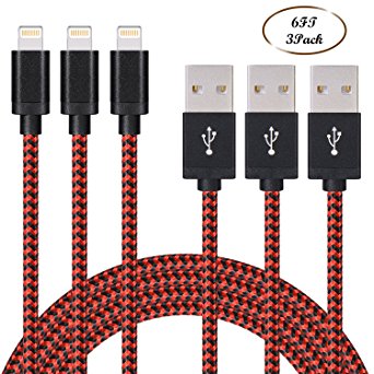 Sundix 3Pack 6FT Durable Lightning to USB Cable Nylon Braided Sync and Charge Cord Compatible with iPhone 7/ 7Plus/ SE/ 6s/ 6 /6 Plus/ 6s Plus and More (Black Red)