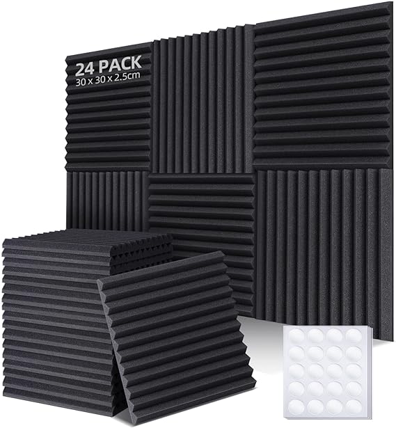 Ohuhu Acoustic Foam Panels 24 Pack with Double-Sided Tape, Sound Proofing Panels Soundproofing Foam Sound Absorbing Panels Fireproof for Recording Studios, Offices & Home, 1" X 12" X 12"