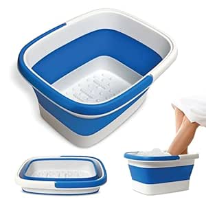 Mantello Collapsible Foot Bath Foot Soaking Tub | Portable Foot Spa Pedicure Bowl | Large Basin to Soak & Wash Feet | Folding Bucket with Carry Handle | White & Grey, Blue, Green [Blue]