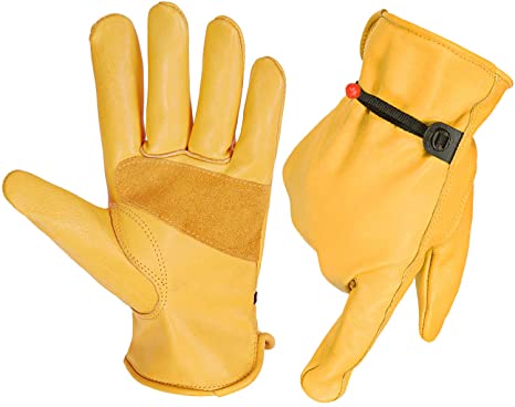 1 Pairs Double Stitches Mens Working Gloves, Women Leather Glove with Adjustable Wrist for Gardening Logging/Wood Cutting/Forest Work/Driving(Gold, X-L)