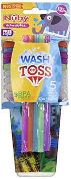 Nuby 5 Piece Printed Straw Cup Free Flow Wash or Toss Cups, Assorted