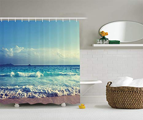 Ambesonne Ocean Shower Curtain Tropical Island Decor, Ocean Waves Seychelles Beach in Sunset Time Picture Print, Polyester Fabric Bathroom Set with Hooks, Navy Blue White