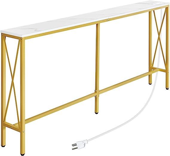 ELYKEN 7.9” Console Table with Power Outlet, 7.9"Dx63"Wx31.5"H Sofa Table for Living Room, Long Entryway Table with 6.5’ Power Cord, Marble Texture Skinny Couch Table with Golden Metal Frame for Foyer