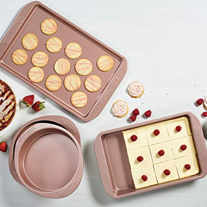 Farberware 47777 Nonstick Bakeware Set with Nonstick Baking Pan, Cake Pans and Cookie Sheet / Baking Sheet - 4 Piece, Rose Gold Red