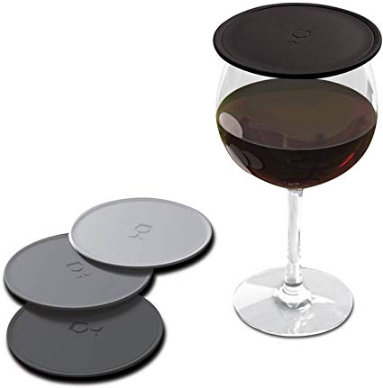 Drink Tops MOD Tap and Seal Outdoor Drink Covers - Gently Suction to Glasses - Keep Bugs Out and Aromas In - Reduces Splashing - Fit on Wine Glasses and other Drinking Cups - 4 Pack, Black and Grey