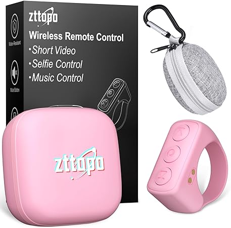 Zttopo TikTok Scrolling Ring, TIK Tok Bluetooth Remote Control, Kindle APP Page Turner with Carrying Case, Camera Photo Clicker for iPhone, iPad, iOS, Android-Pink…