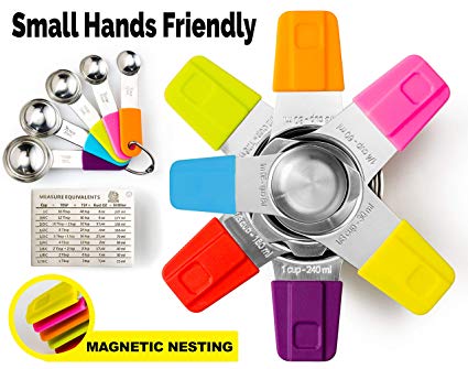 stainless steel Measuring Cups and Measuring Spoons set, Measuring set of 7 cups 5 spoons   FREE conversion chart, FDA approved food grade, magnetic colored silicon handle