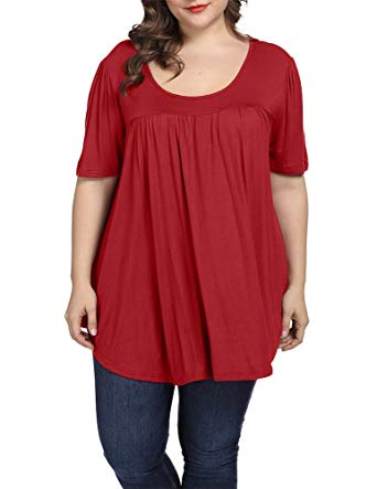 Allegrace Women Plus Size Tops Summer Casual Pleated Flowy Loose Scoop Neck Shirts