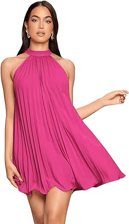 SweatyRocks Women's Casual Sleeveless Tie Back Halter Dress Mini Swing Pleated A-line Loose Dress