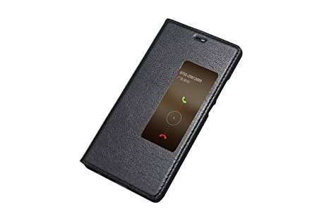 ERLI Huawei P9 Plus Case, Cowhide [GENUINE LEATHER] Ultraslim Flip Cover Case[Smart Window View]   Intelligent Sleep   PC Material Bottom Shell (Black)