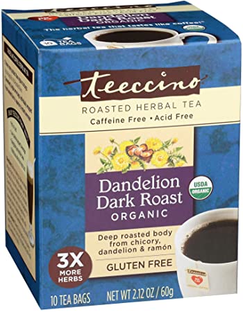 Teeccino Dandelion Tea – Dark Roast - Roasted Herbal Tea | Organic Roasted Dandelion Root | Prebiotic | Caffeine Free | Gluten Free | Acid Free | Coffee Alternative, 10 Tea Bags