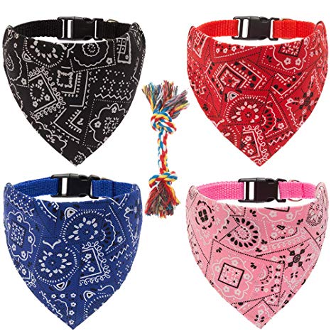OFPUPPY Dog Bandana Collar Rope Toys - 4 Pack Pet Triangle Scarfs Collars with 1 Rope Toy for Puppy Cat