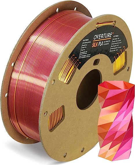 OVERTURE Silk PLA 1.75mm Dual Color Filament, Clog-Free Shiny 3D Printer Filament, 1kg Spool(2.2lbs), Dimensional Accuracy  /- 0.03 mm, Fit Most FDM Printer(Silk Magenta-Gold)