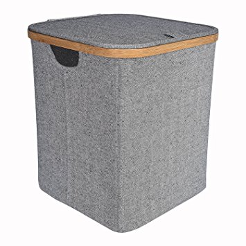 StorageWorks Canvas & Bamboo Storage Basket With Lid, Foldable Hamper Laundry Basket By, Medium, Gray, 13.0x13.0x15.0 inches