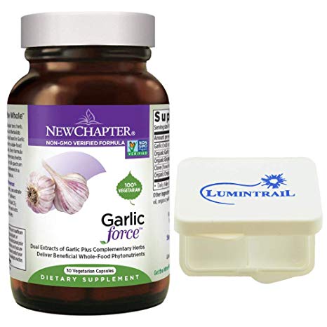 New Chapter Garlic Force Supplement with Ginger & Oregano, Non-GMO - 30 Vegetarian Capsules Bundle with a Lumintrail Pill Case