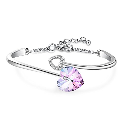 [Valentines Day Gift]"Love Story"Heart Link Bangle Bracelet for Birthday Anniversary Wedding Gifts,Blue Crystal from Swarovski