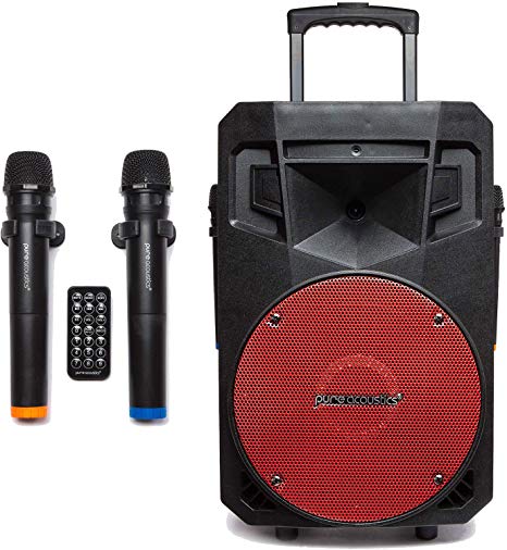 Ritz Camera PA System with LED Party Lights, Wireless Portable Bluetooth 12" Audio Speaker with 2 Free Wireless Microphones Party Karaoke Machine and Sound System by Pure Acoustic (Red Grill)