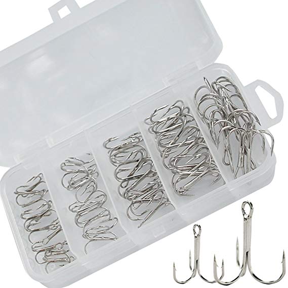 Drasry Fishing Treble Hooks Set for Saltwater Freshwater Size 1/0 to 16 High Carbon Steel Different Fish Hook 50pcs/Box