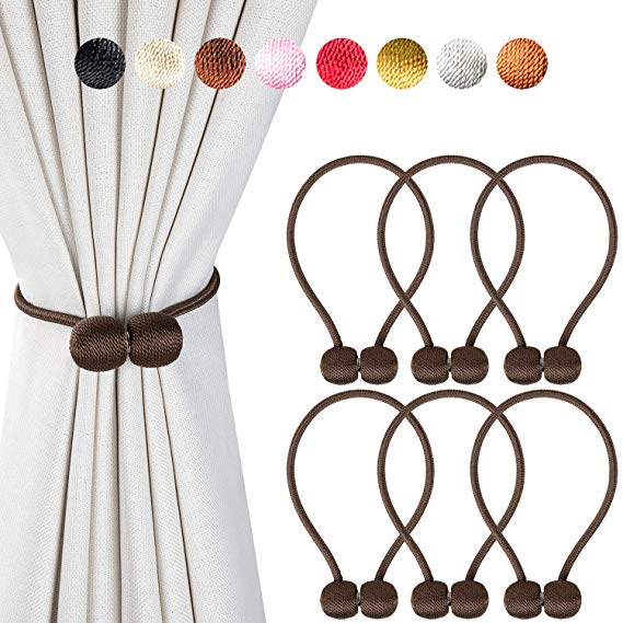 Giayouneer Curtain Tiebacks, Magnetic Curtain Buckle - 6 Pack 16 Inch Strong Magnetic Window Clips Tie Band Backs Holders, European Style Simple Modern - 3 Pairs （ Chocolates ）