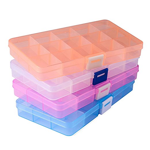 Jewelry Organizer(4 pack), Opret Plastic Jewelry Box(15 grids) with Movable Dividers Storage Containers