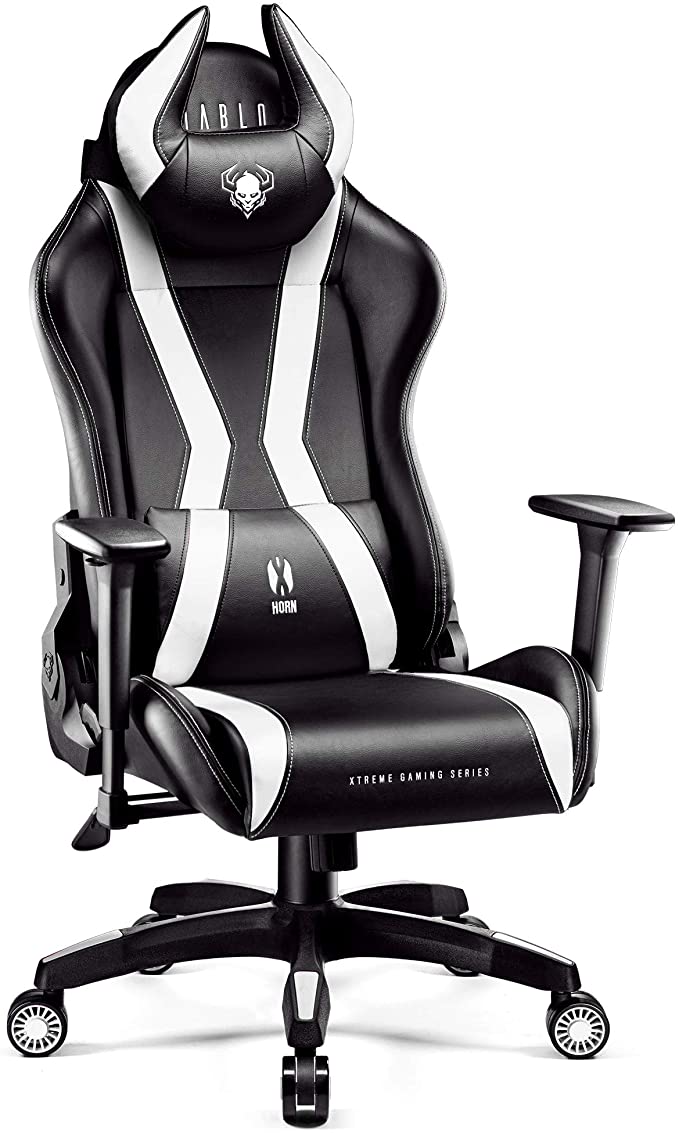 Diablo X-Horn Gaming Chair For Kids Office Desk 3D Armrests Ergonomic Design Neck/Lumbar Cushion Faux Leather Tilting Mechanism (black-white, S)