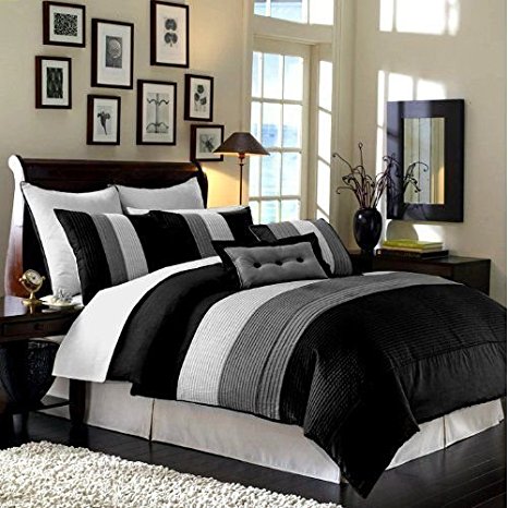 8 Pieces Black White Grey Luxury Stripe Comforter (86"x88") Bed-in-a-bag Set Full or Double Size Bedding