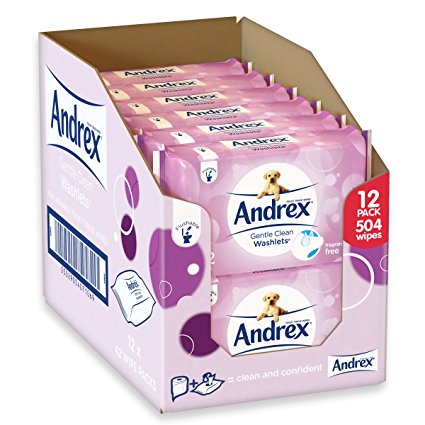Andrex Washlets Flushable Toilet Tissue Wipes, Gentle Clean - Pack of 12 (Total 504 Wipes)