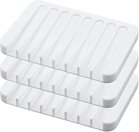 TOPSKY 3Pack Silicone Soap Dishes for Bathroom, Soap Holders Shower, Soap Savers, Self-draining Waterfall (White)