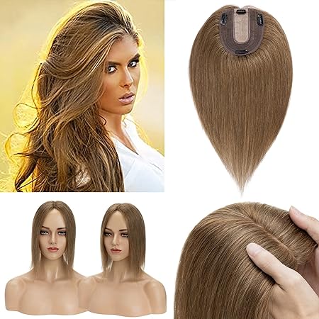 Benehair Human Hair Clip in Hair Toppers for Women Straight Hair Crown Topper Extensions for Hair Loss Thin Hair Cover Gray Hair 12 Inch Light Brown #6