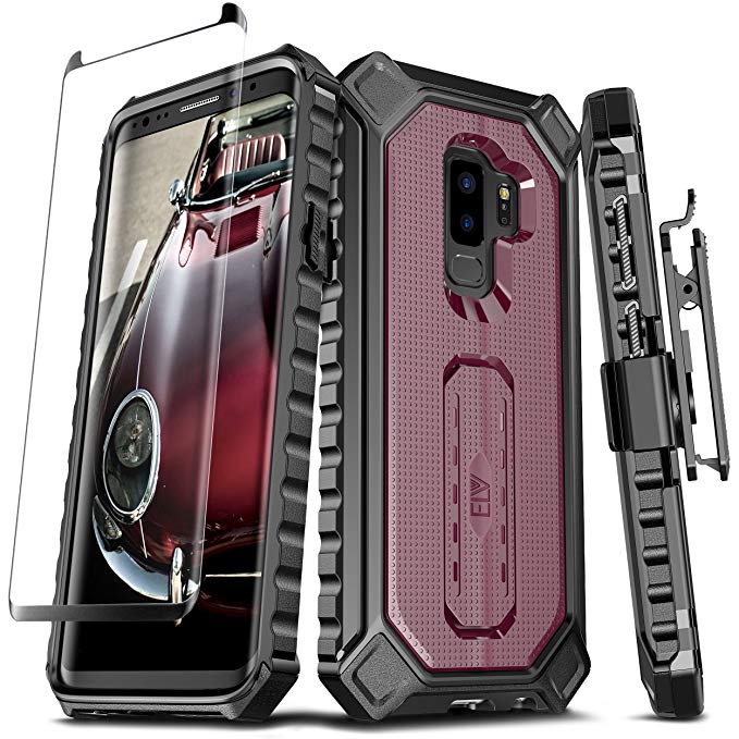 Samsung Galaxy S9 Plus Case, ELV [Croco Series] Premium Holster Defender Belt Clip Rugged Case - Curved Glass Screen Protector & Kickstand for Samsung Galaxy S9 Plus (Burgundy)