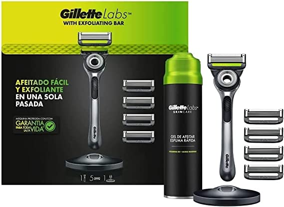 Gillette Labs Maquinilla de Afeitar Hombre con Barra Exfoliante   5 Cuchillas de Afeitar de Recambio   Gel de Afeitar y Base Magnética de Metal, Regalos Originales Hombre