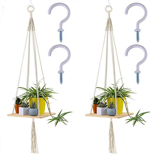 Supla 2 Pcs Wood Hanging Swing Rope Floating Shelves Macrame Shelf Hanging Planter Hanging Wooden Shelves for Plants for wall 45" Long and 2 Pcs Ceiling Screw Hooks Cup Hook Holder