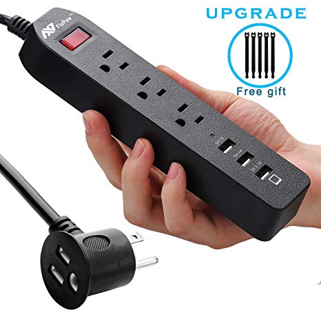 Power Strip (2016 Upgraded Version) FlePow 3 AC Outlets Surge Protector 1250W/10A Mini Travel Charging Station with Unique Pass-Through Plug and 3 USB Charging Ports (Black)