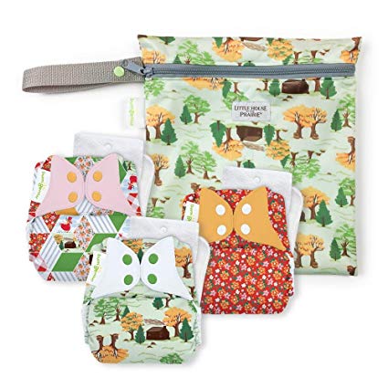 bumGenius Original One-Size Pocket-Style Cloth Diaper 5.0 - Little House in The Big Woods Collection - Keepsake Set: 3 Cloth Diapers and 1 Wet Bag