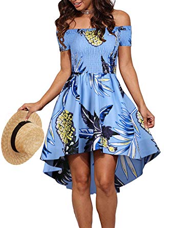 MEROKEETY Women's Off Shoulder Short Sleeves Tropical Print High Low Hem A Line Skater Dress