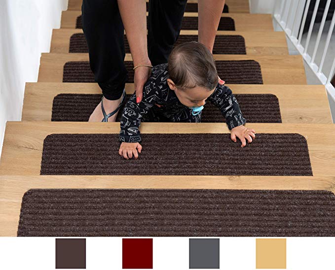EdenProducts Patent Pending Non Slip Carpet Stair Treads, Set Of 15, Rug Non Skid Runner For Grip And Beauty. Safety Slip Resistant For Kids, Elders, And Dogs. 8" X 30", Brown, Pre applied Adhesive