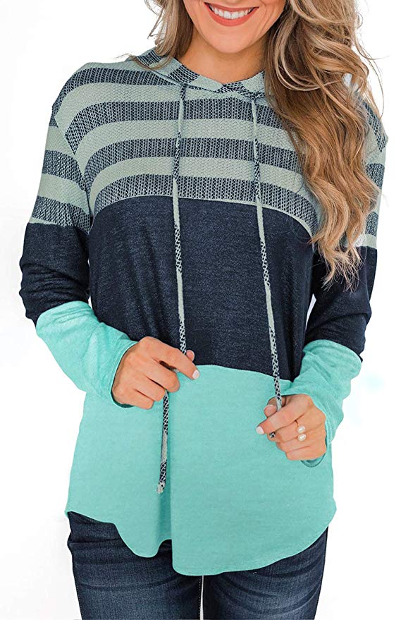 Yonala Womens Hoodies Long Sleeve Striped Color Block Drawstring Pullover Patchwork Knit Hooded Sweatshirts