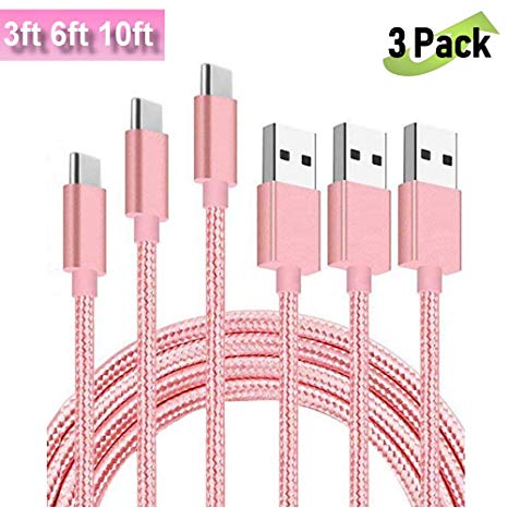 (3 Pack Pink 3ft6ft10ft) USB Type C Cable, USB A to USB C Data Sync Charging Cable Nylon Braided Type-C Cable, Long Cord Type C Braided Cable for Galaxy S8 S9 S9  Note 9 and more Android Charger Charging Cord
