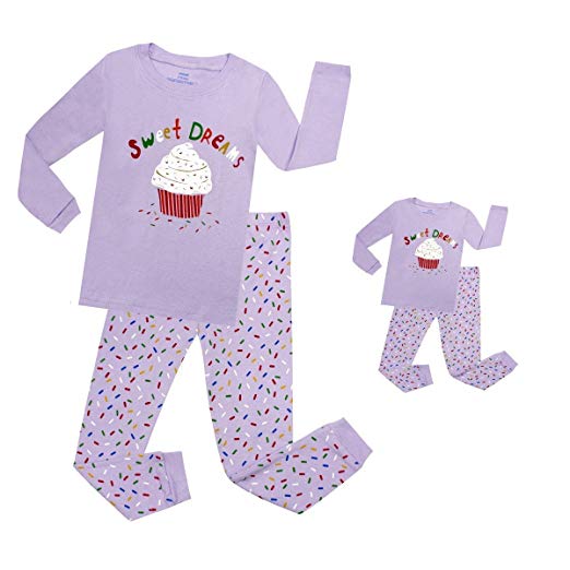 Elowel Cupcake Matching Girls & Doll 2 Piece Pajama Set 100% Cotton (Size 2-12 Years)