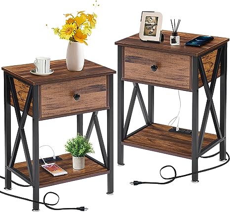 VECELO Nightstands Set of 2, Modern Bedside End Tables with Charging Station & Drawers & USB Ports, Night Stand for Bedroom Living Room, 2 Pack（with Outlets）, Brown